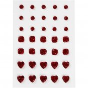 Rhinestones, (rund, fyrkant, hjärta), stl. 6+8+10 mm, röd, 35 st./ 1 förp.